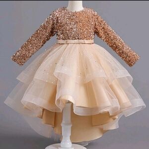 Champagne Light Gold Tulle Layered Kids Flower Girl Formal Wedding Dress 3 4